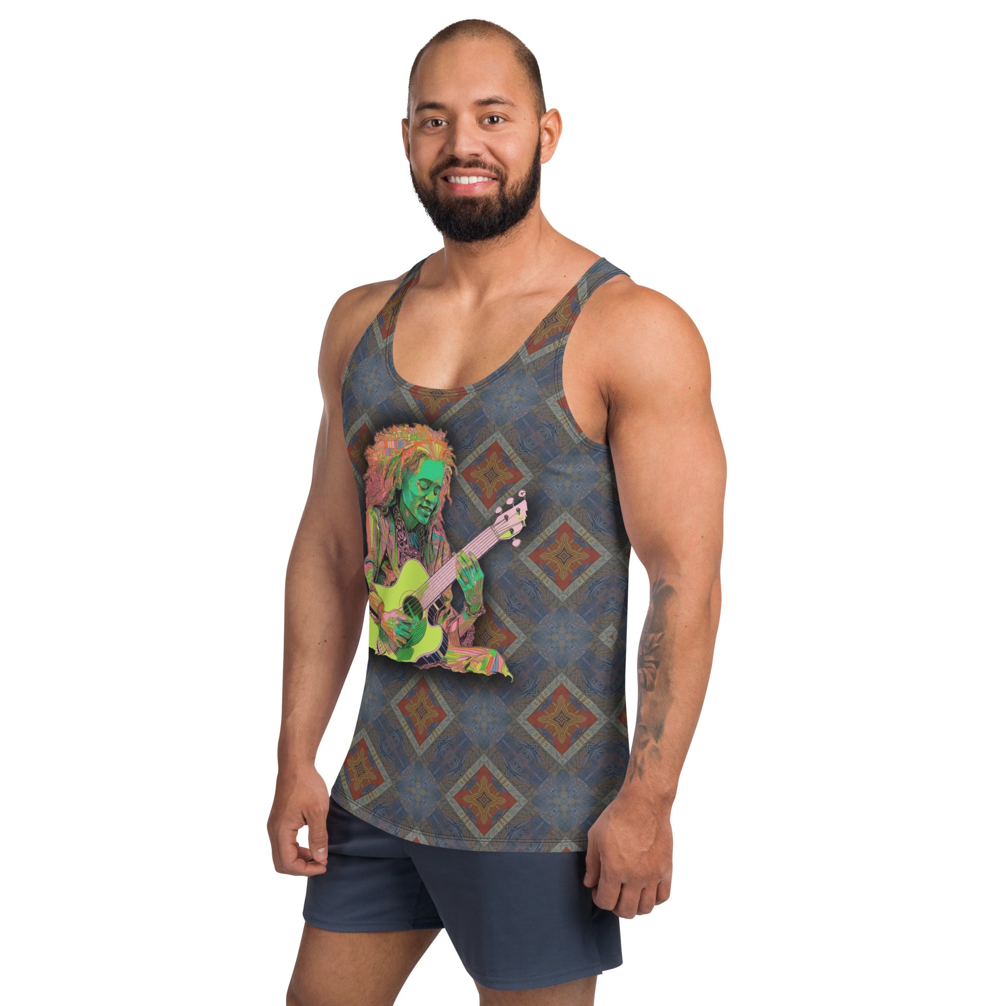 Model wearing Mystic Meadow Men's Tank Top in a casual setting.