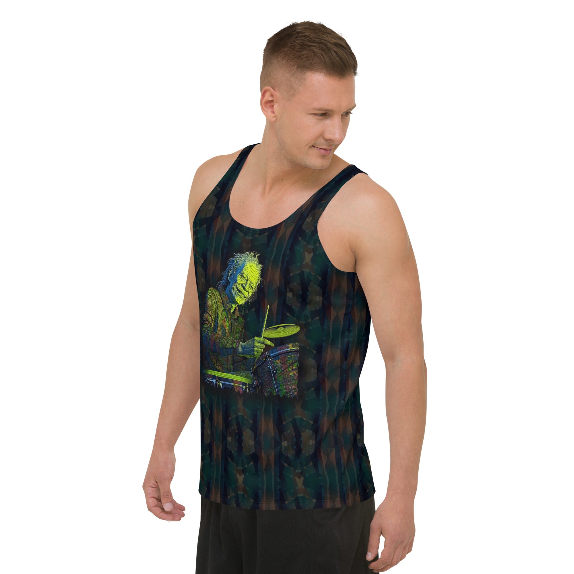 Model wearing Botanical Bliss Men's Tank Top with jeans.