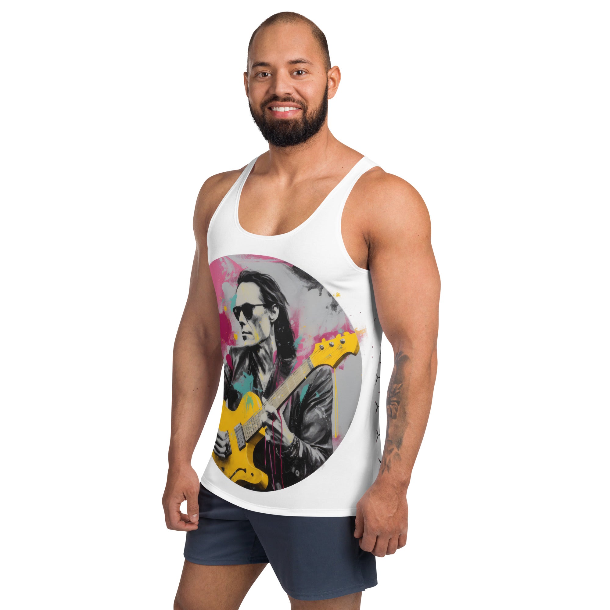 Man wearing Blush Beam minimalist tank top.