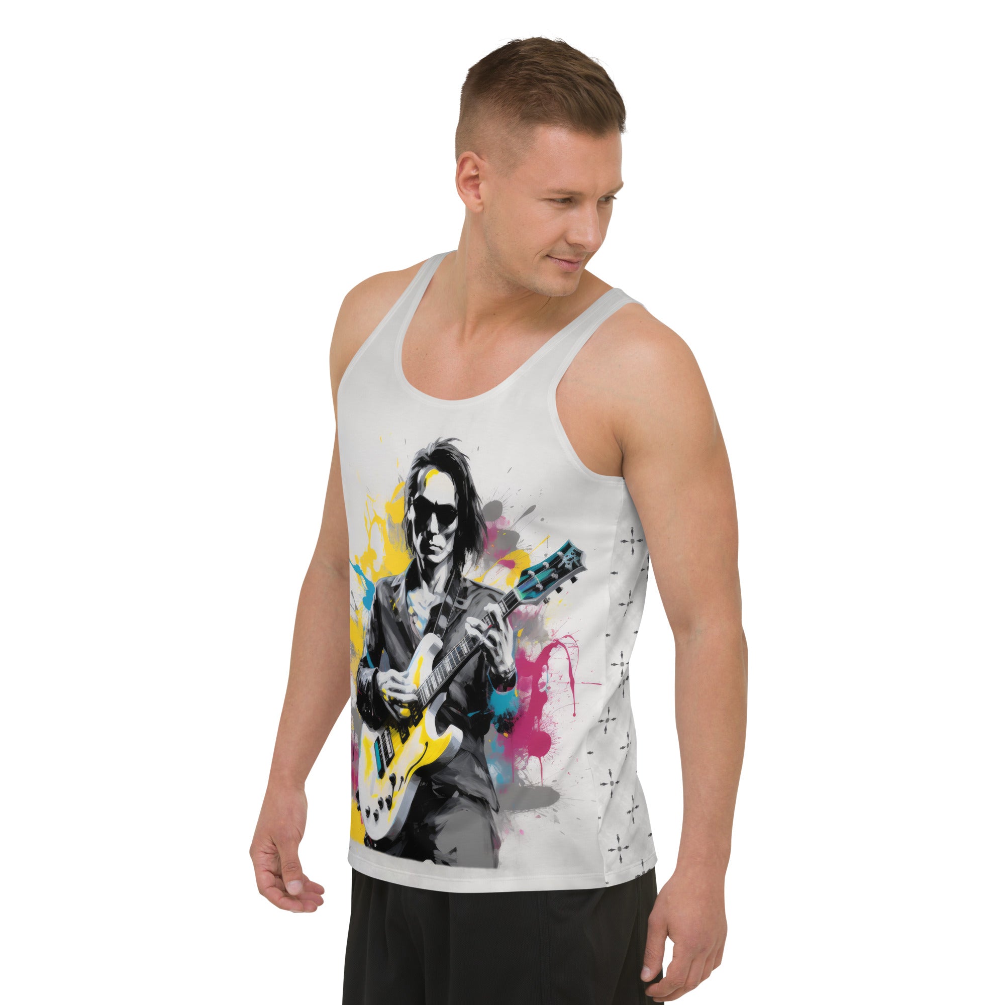 Man wearing Arctic Flow men's tank top outdoors.