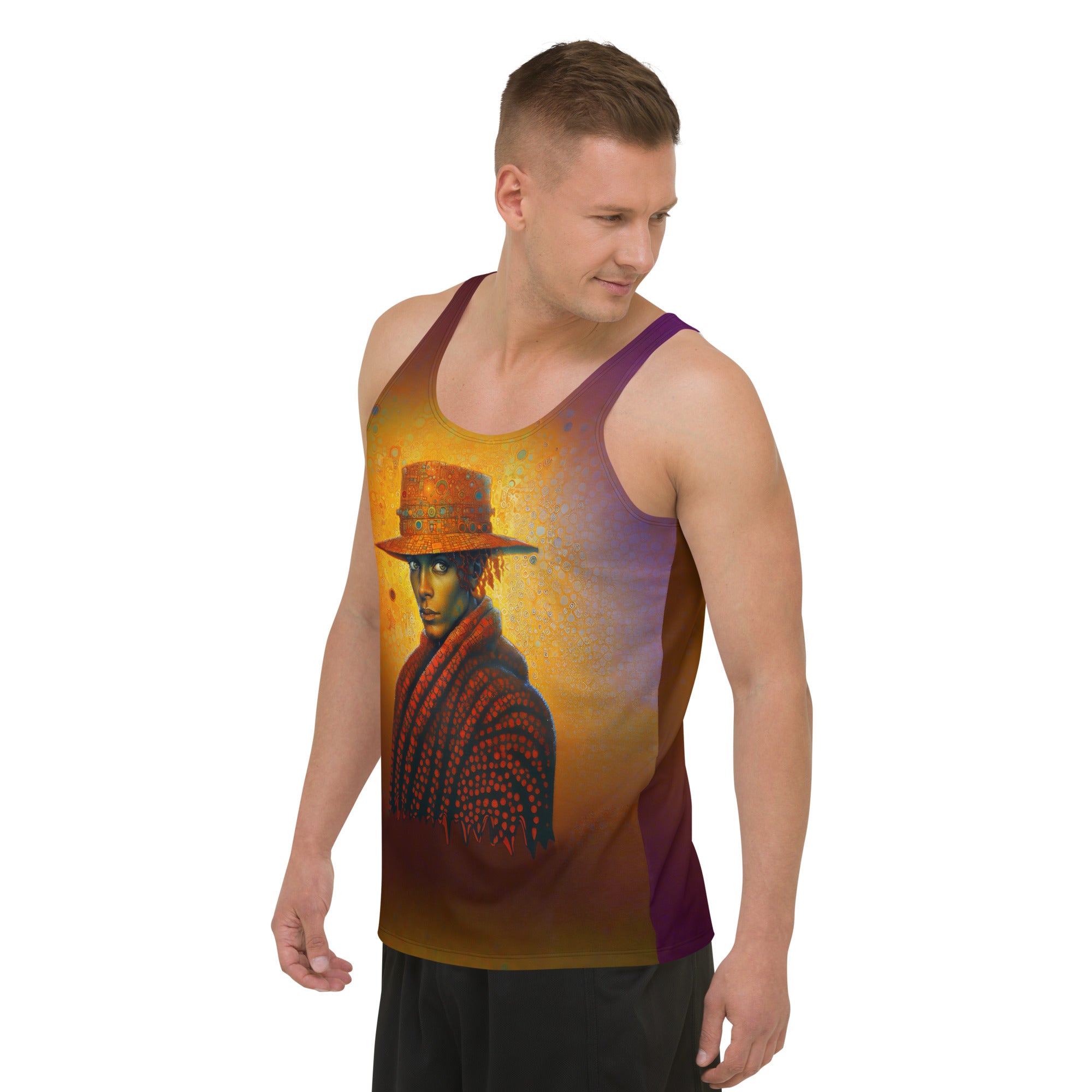 Back view of Enigmatic Essence Men's Tank Top showcasing abstract style