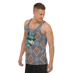 Stylish cat design on men's tank top.