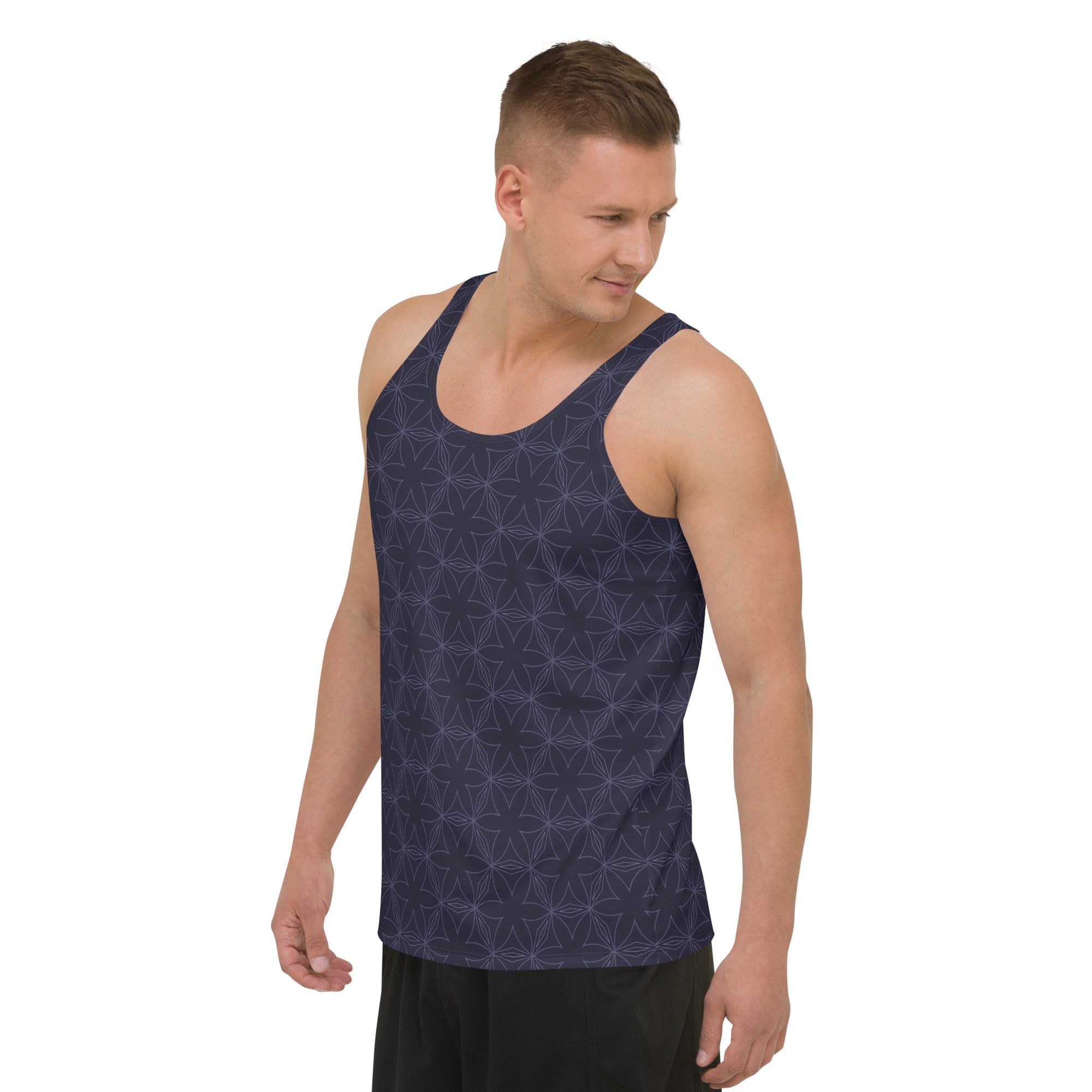 Man wearing vibrant abstract print tank top for summer