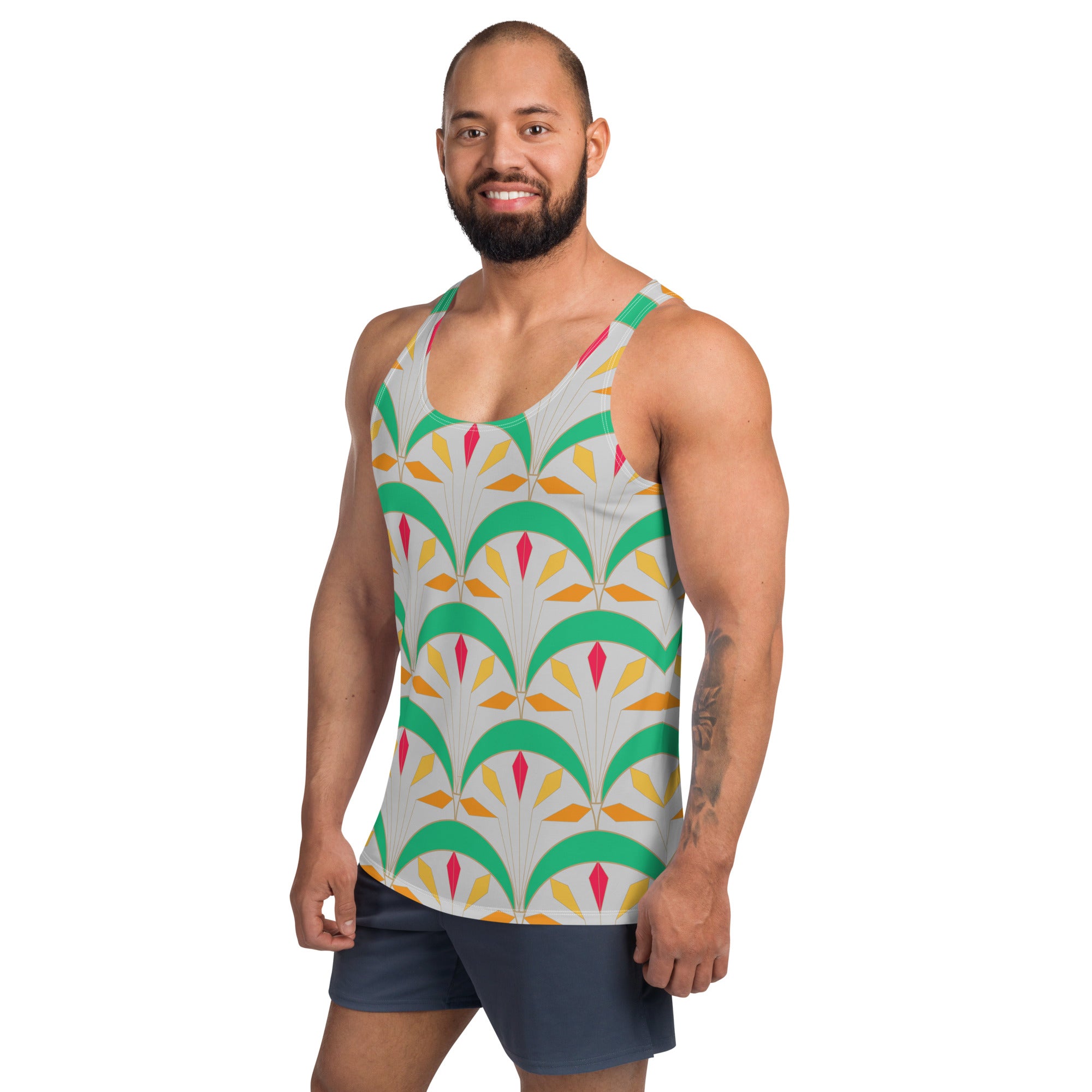 Floral Frenzy Men's Tank Top styled for a casual look