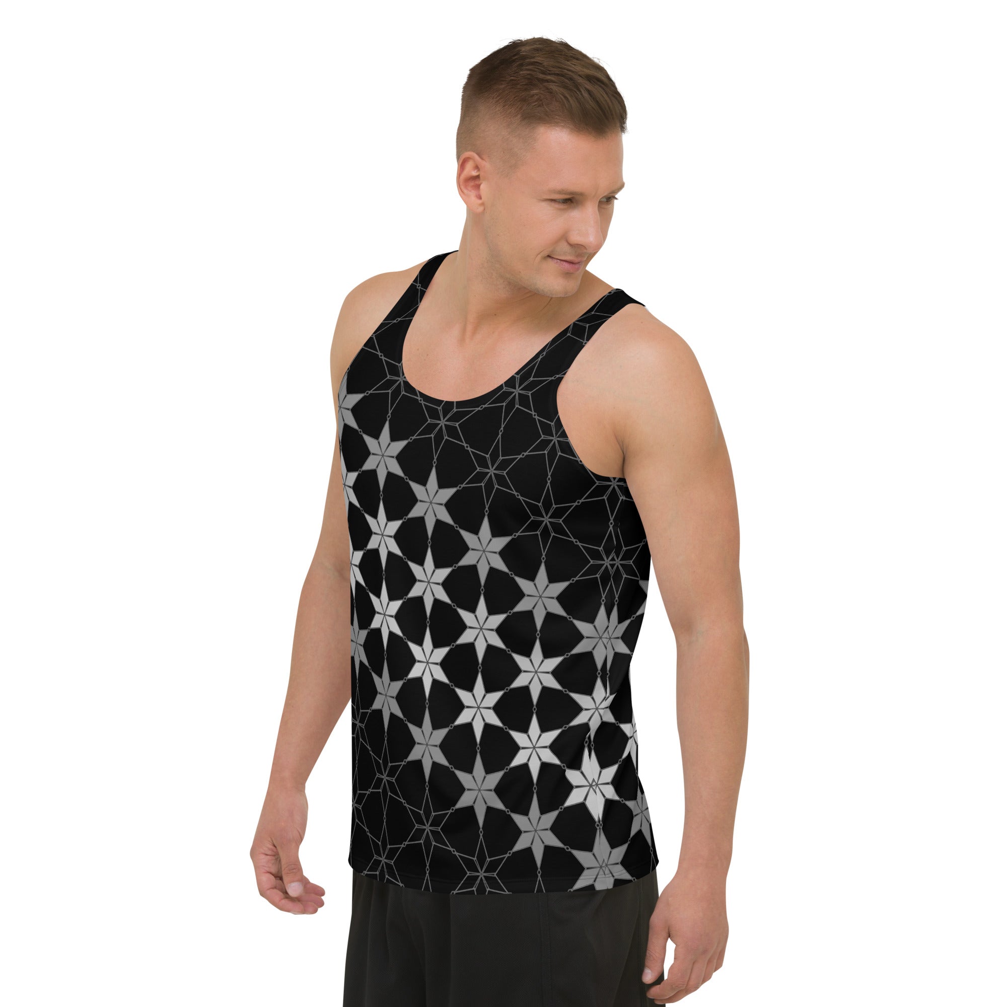 Man wearing Mystical Mandala Men's Tank Top outdoors