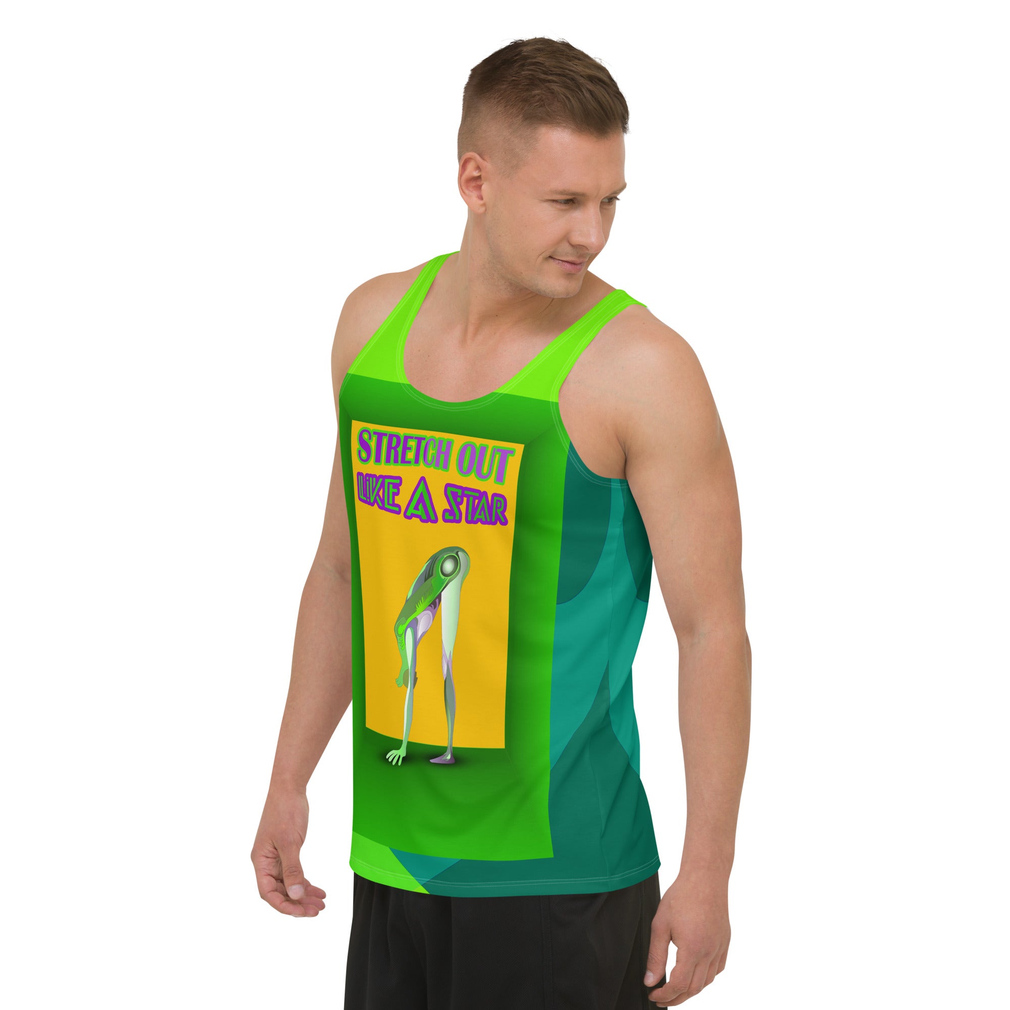 Infinite Stretch Men's Tank Top in a casual outdoor setting.