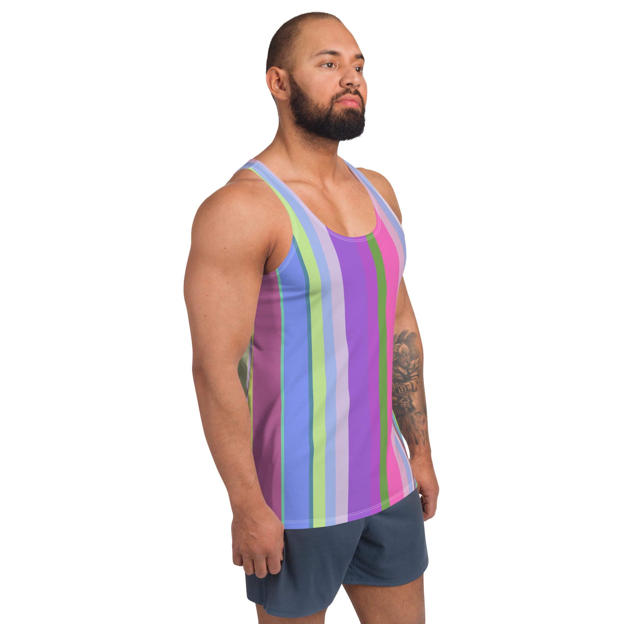 Side view of Dynamic Lines Men's Tank Top showcasing fit and design.