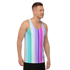 Model wearing monochrome waves tank top for a casual look.