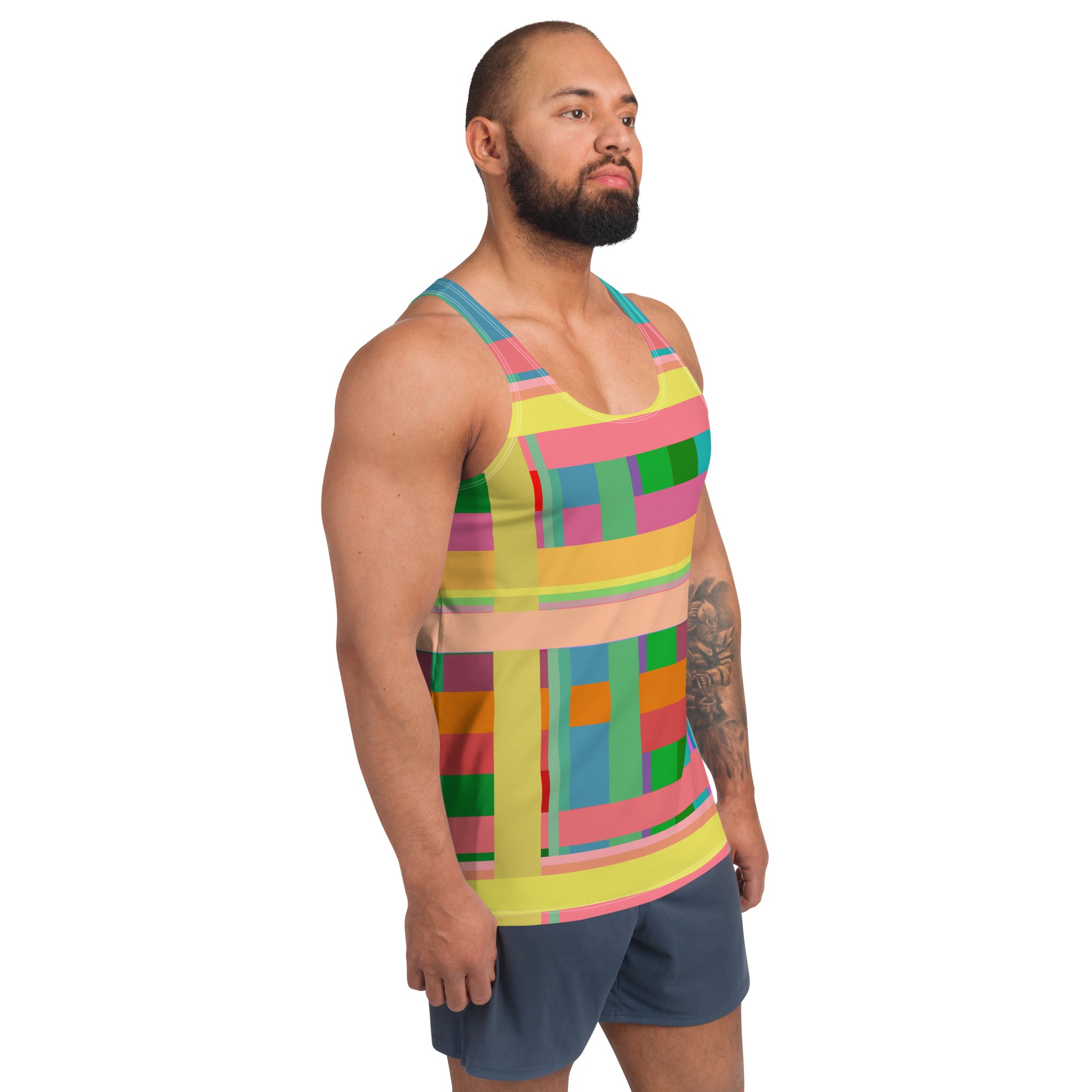 Illuminate your wardrobe with the Neon Fusion Men's Tank Top, blending high-impact colors for an unforgettable look.