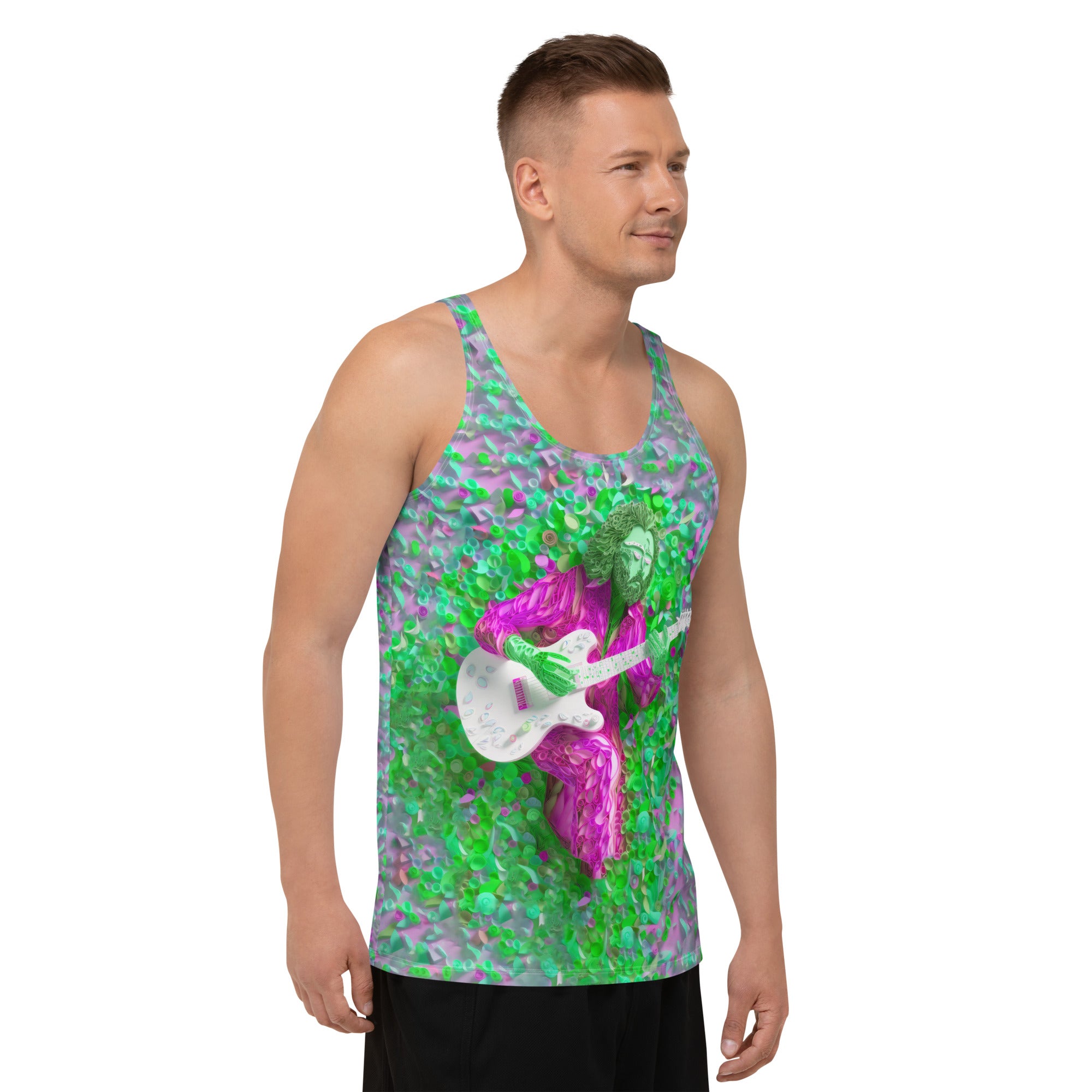 Disco-themed men's tank top showcasing a vibrant, fun-loving style.