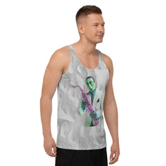 Men's tank top featuring unique jazz fusion artwork, perfect for casual wear.
