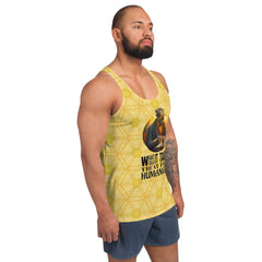 Fashionable men's tank top featuring unique tribal elephant artwork