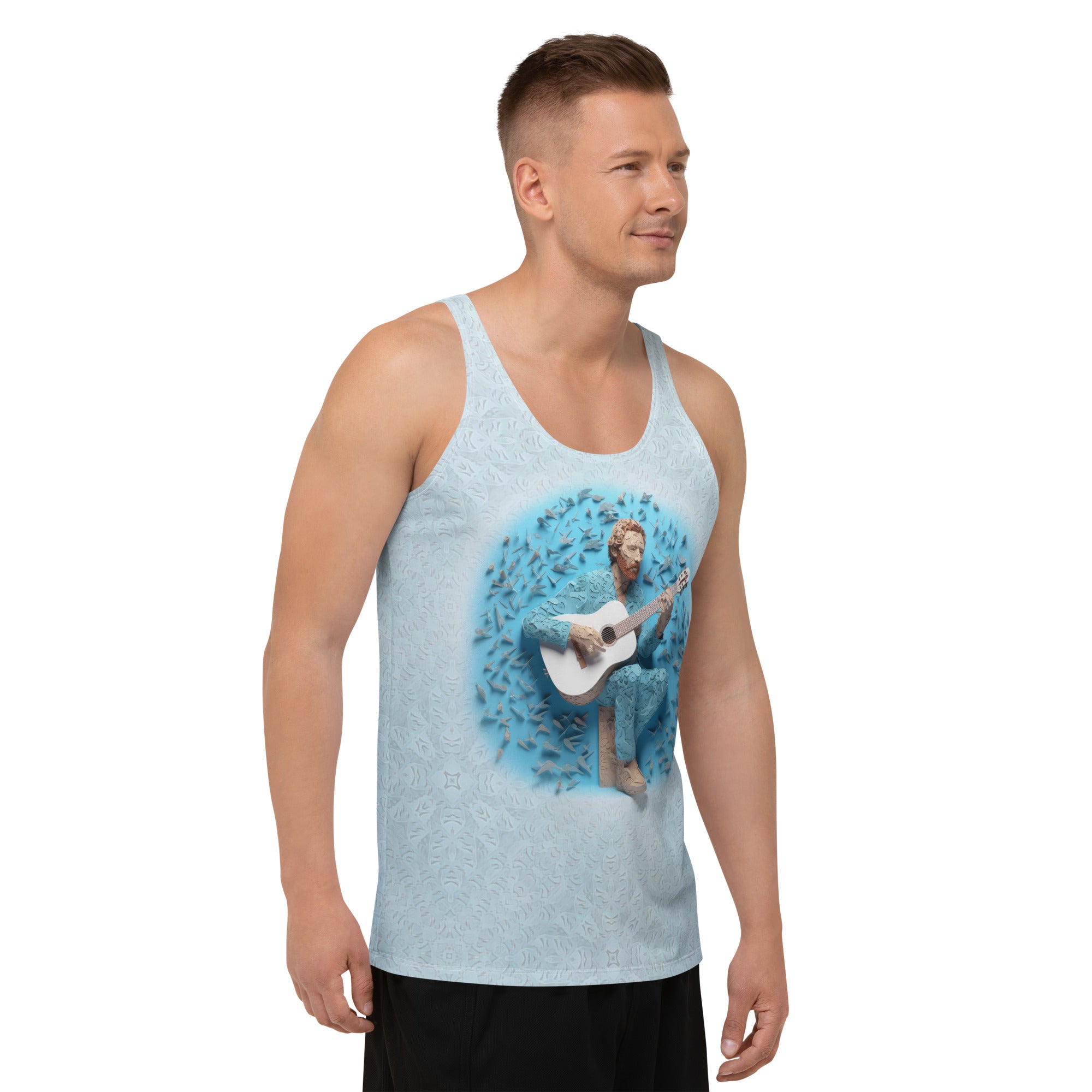 Model wearing Aurora Wings Men's Tank Top showcasing the fit.