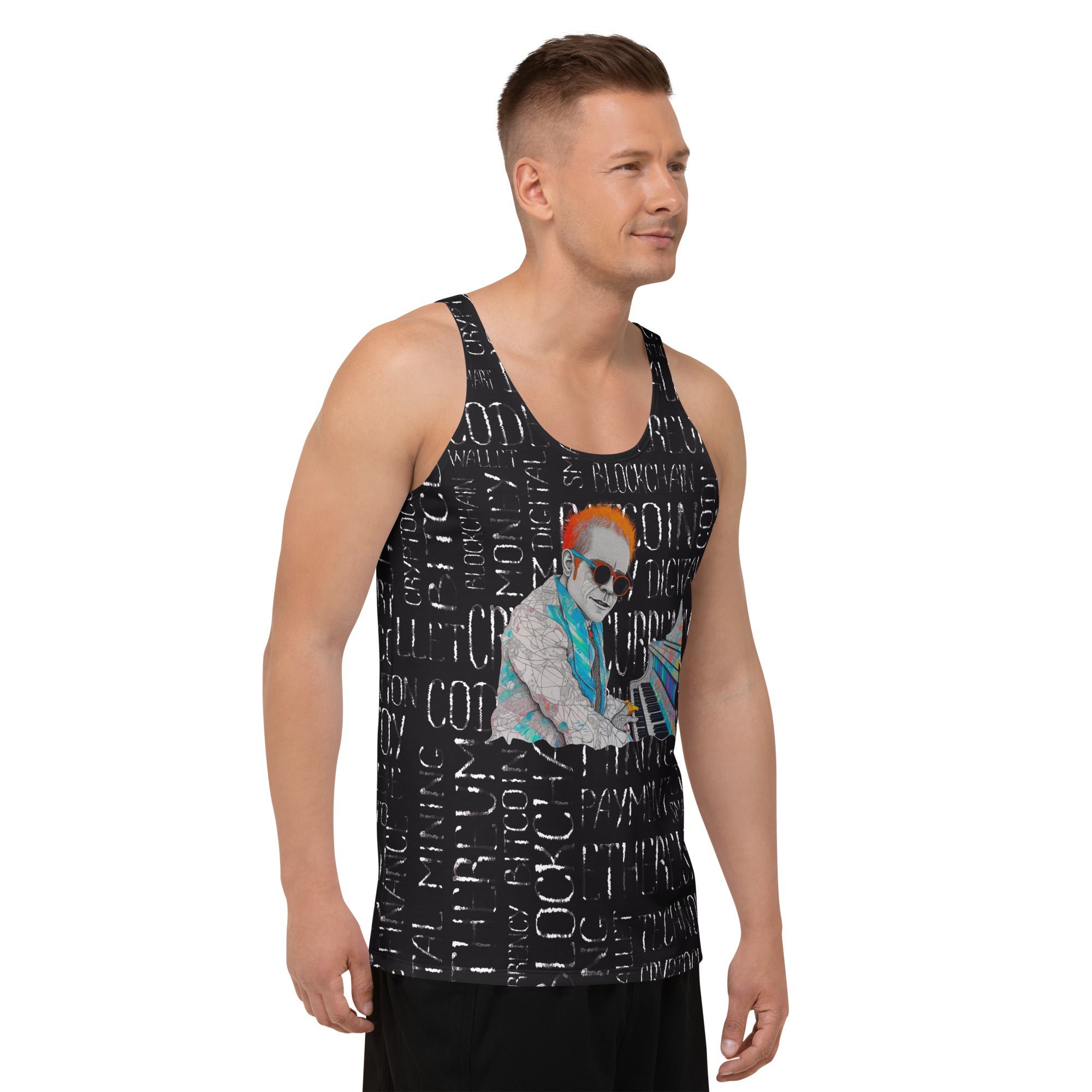 Unique street art-inspired men's tank top, combining art with fashion.