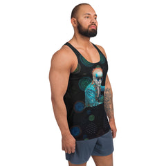 Retro-inspired men's tank top displayed on a mannequin for fashion.