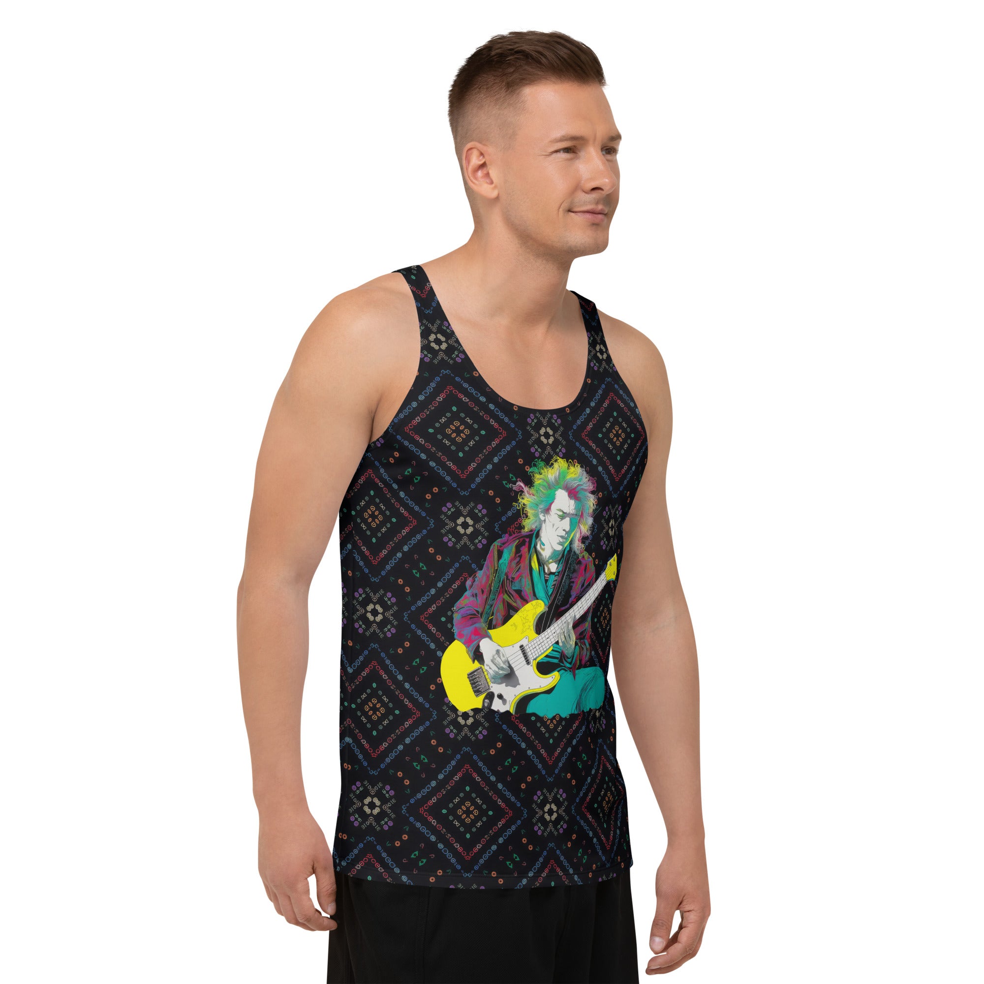 Assorted collection of men's tank tops with unique pop culture graphics.