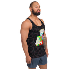 Comic Chaos tank top display, highlighting quality and unique comic-inspired pattern.