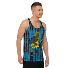 Bold and artistic men's tank top featuring neon graffiti patterns.