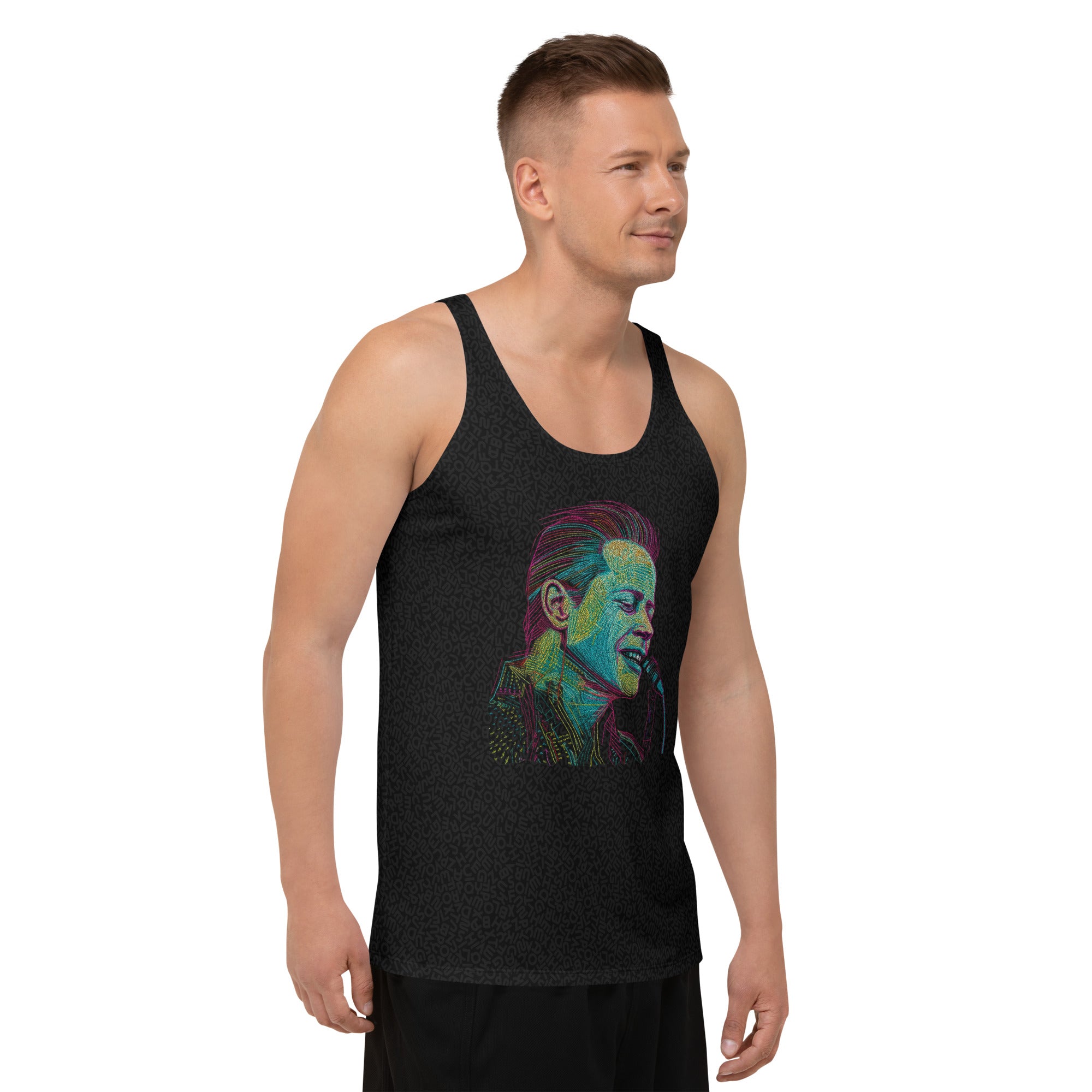 Man wearing Whimsical Whirl Tank Top - summer fashion inspiration.