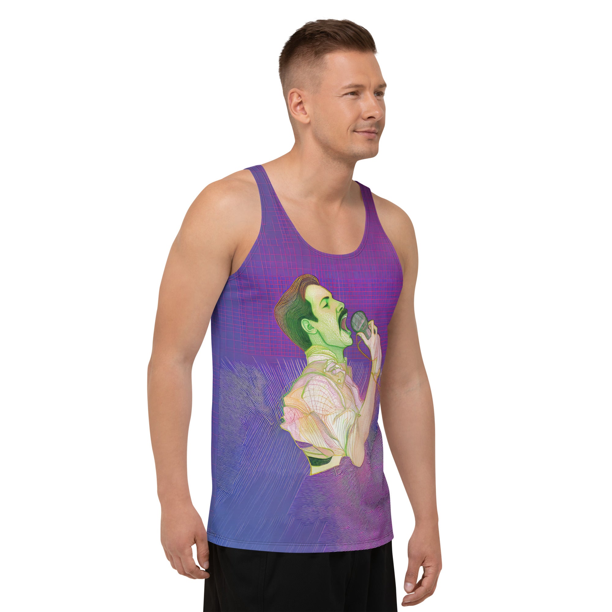 Side view of Harmony Blossom Men's Tank Top highlighting fit and cut