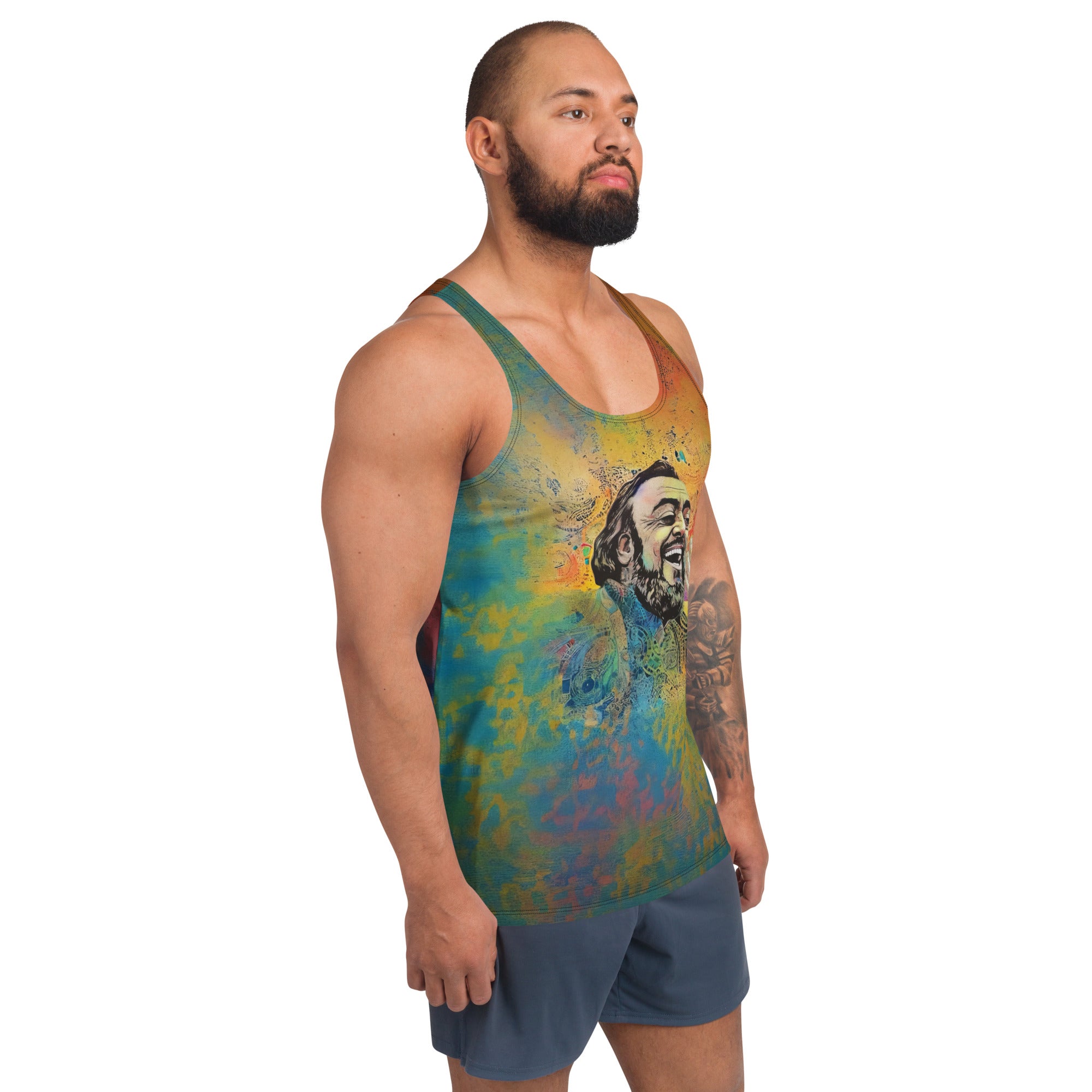 Model wearing the Floral Fantasy Men's Tank Top outdoors.
