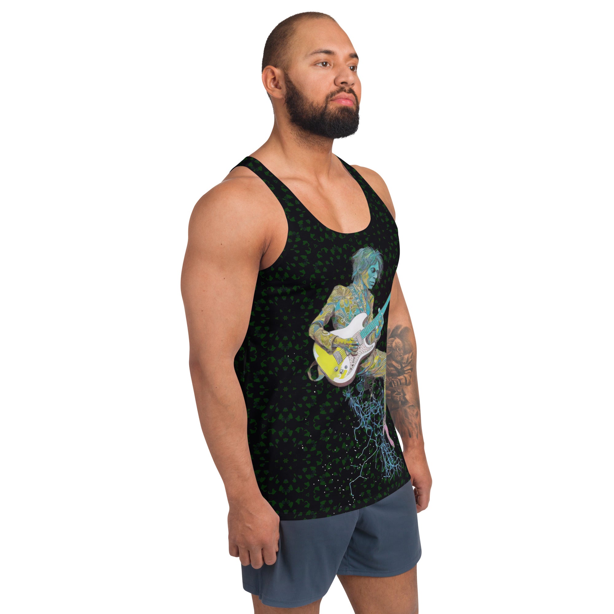 Side view of Meadow Muse Men's Tank Top displaying cut and fit