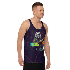 Floral Fusion Men's Tank Top displayed on a clothing rack.