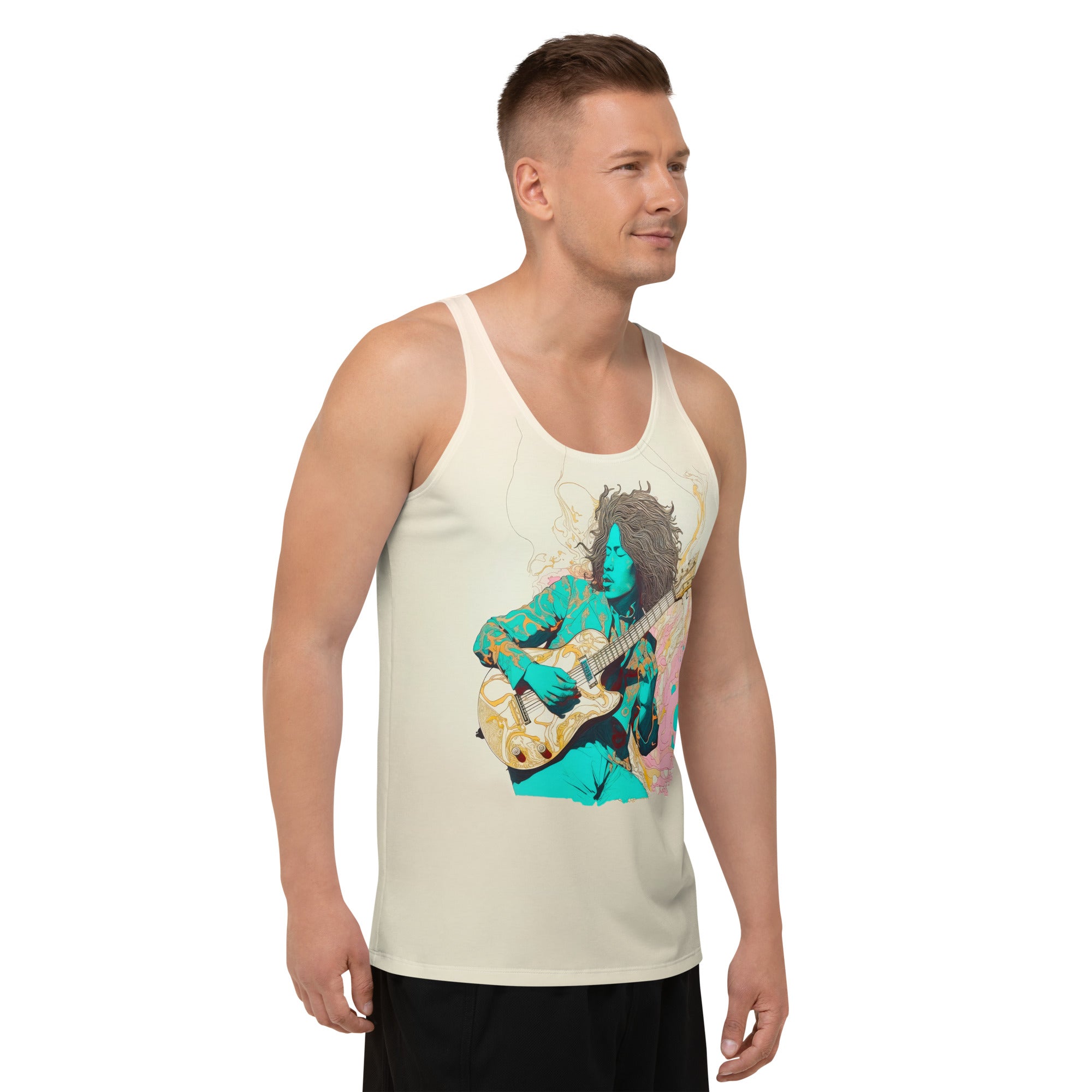 Peaceful Petals Men's Tank Top displayed on a clothing rack.