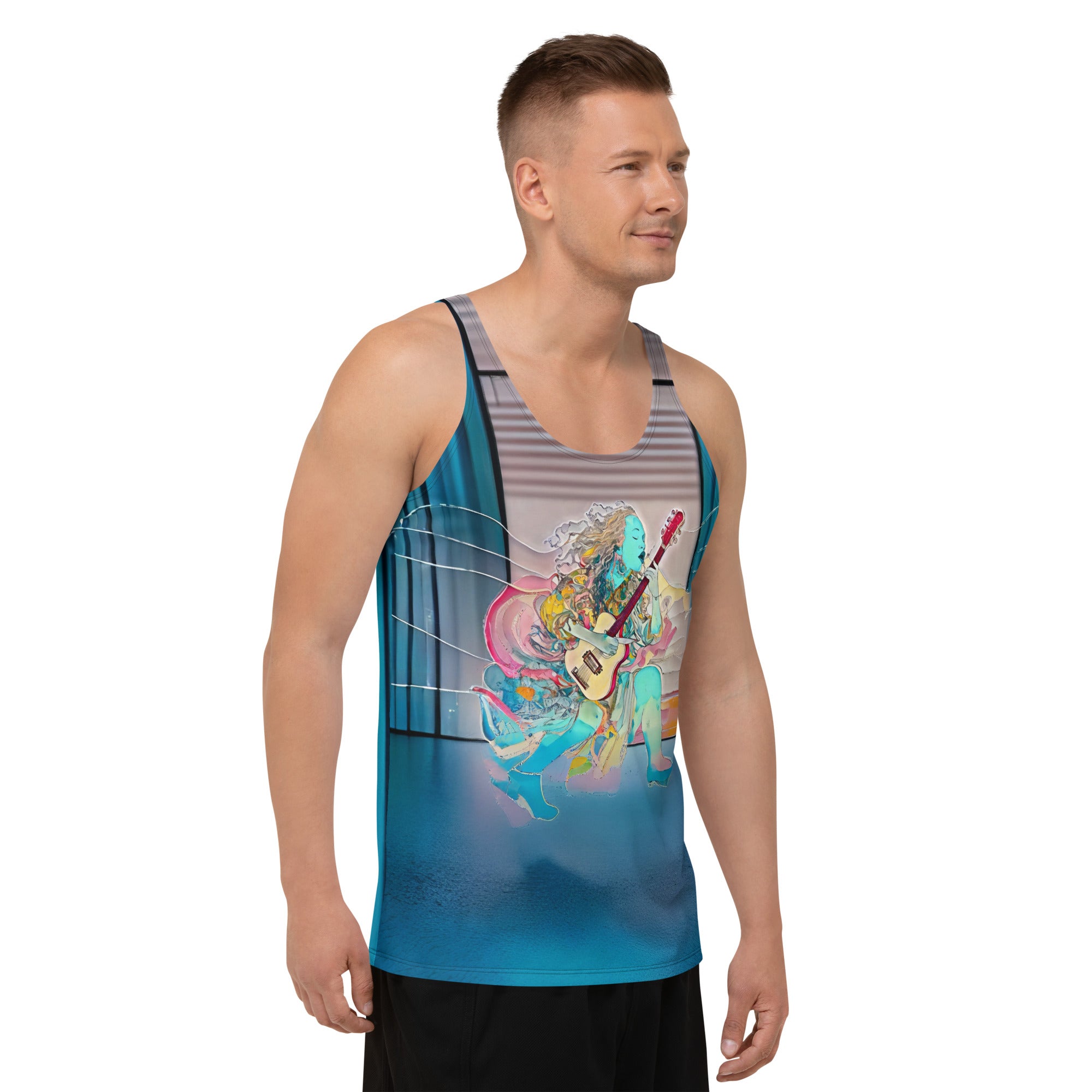 Blossom Bliss Men's Tank Top displayed on a clothing rack.