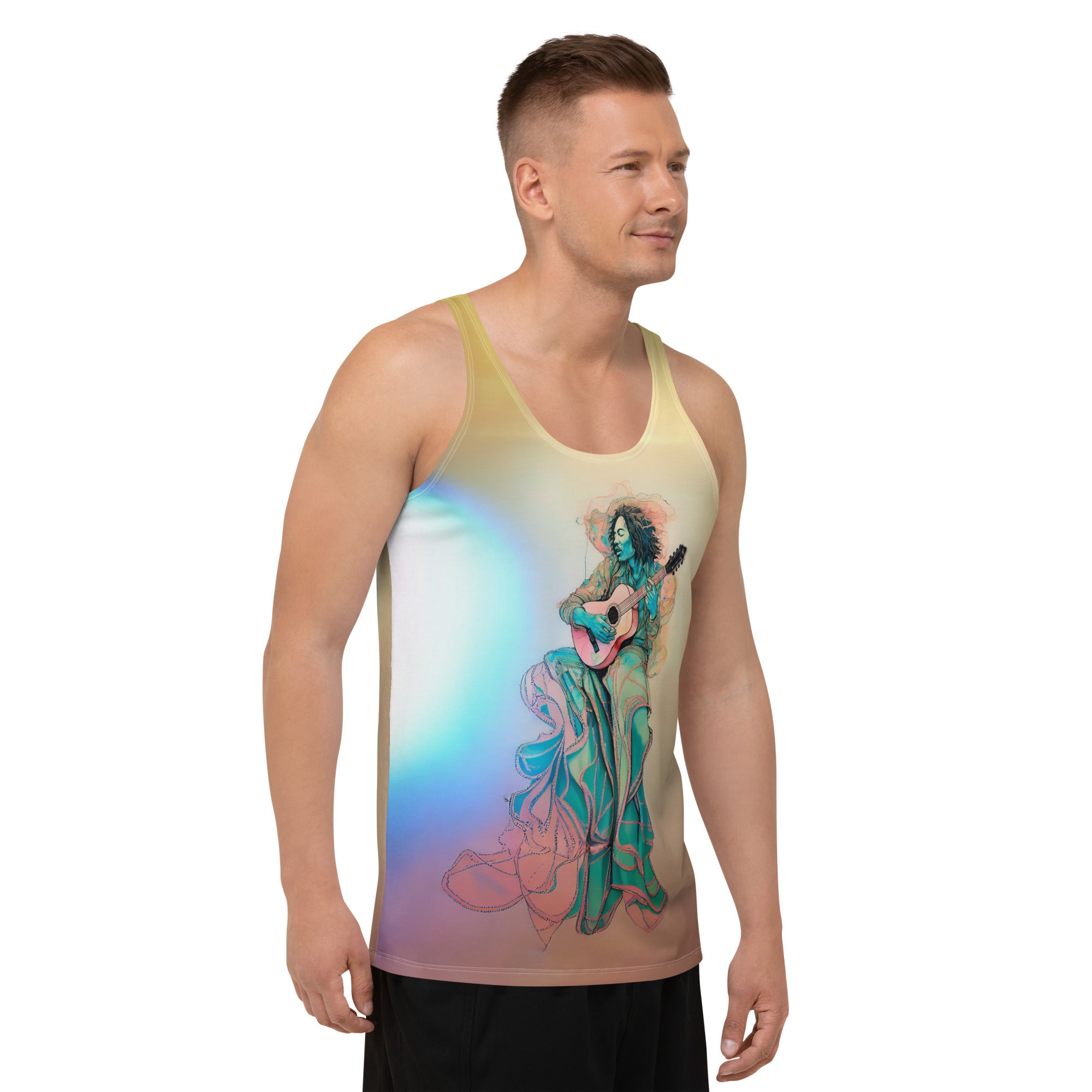 Whimsical Wildflowers Men's Tank Top displayed on a clothing rack.