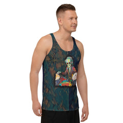 Bohemian Blossoms Men's Tank Top displayed on a clothing rack.