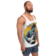 Rear view of Ocean Whisper Men's Tank Top on model.