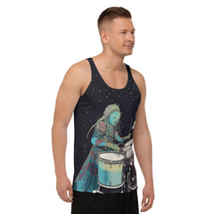 Harmony Groove Men's Tank Top folded neatly on a wooden table.