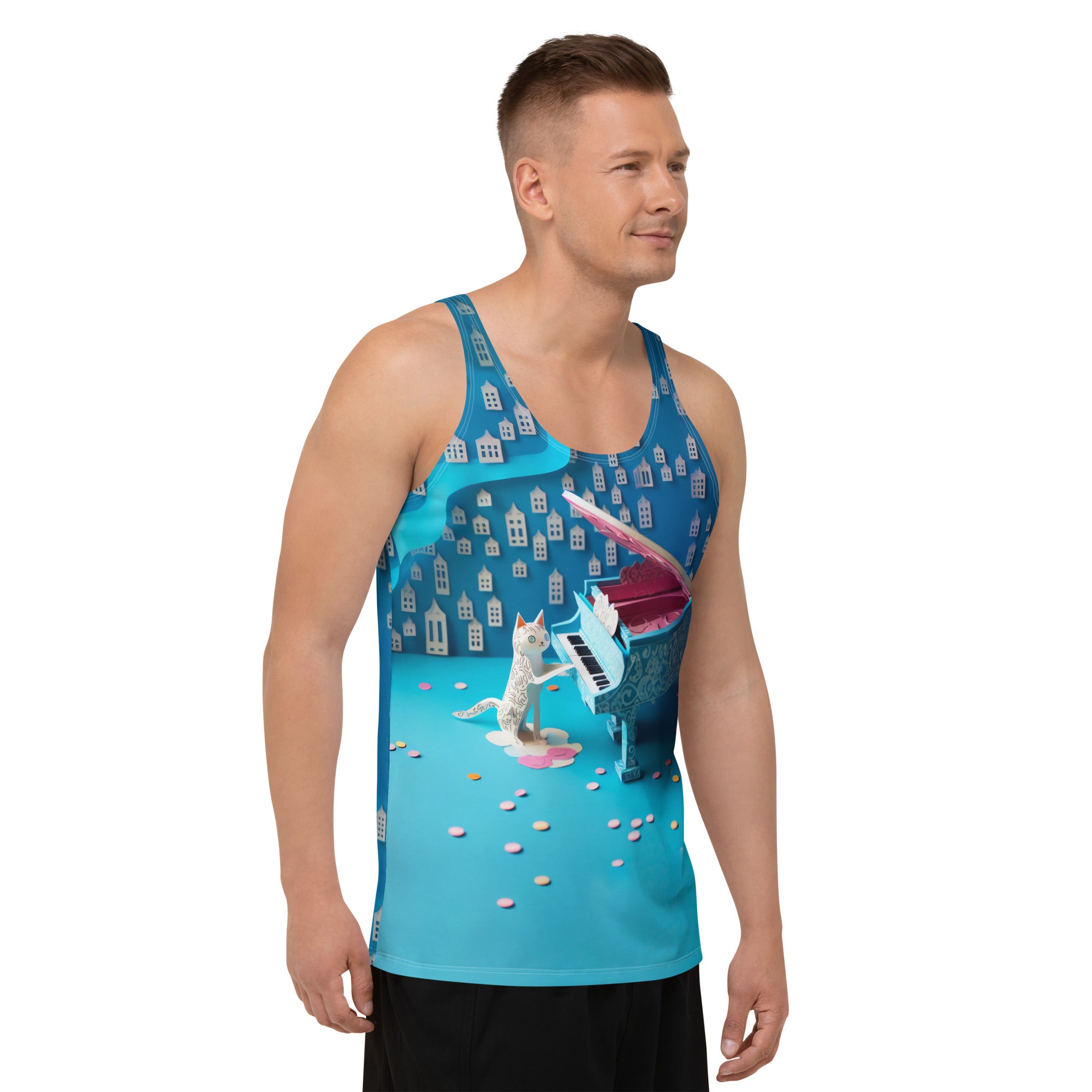 Men's tank top featuring serene cherry blossom pattern.