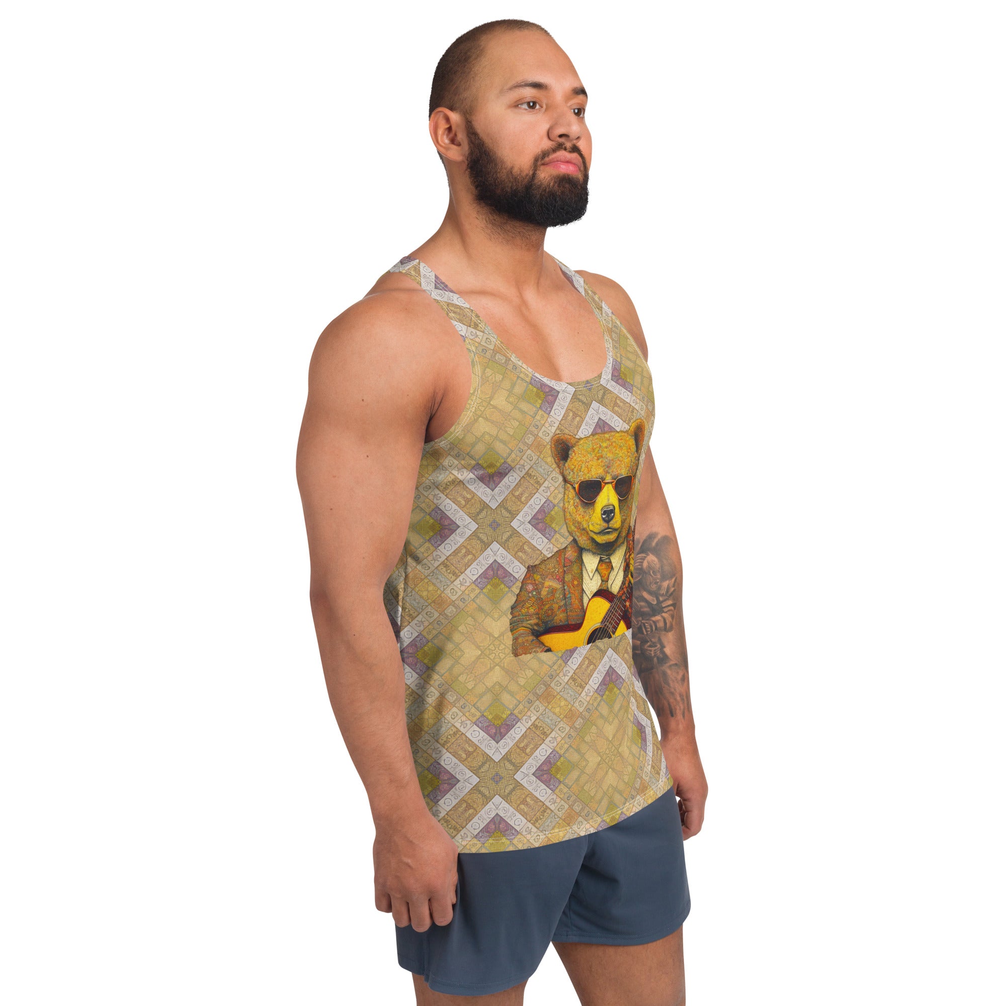 Men's nature-inspired bear print tank top.