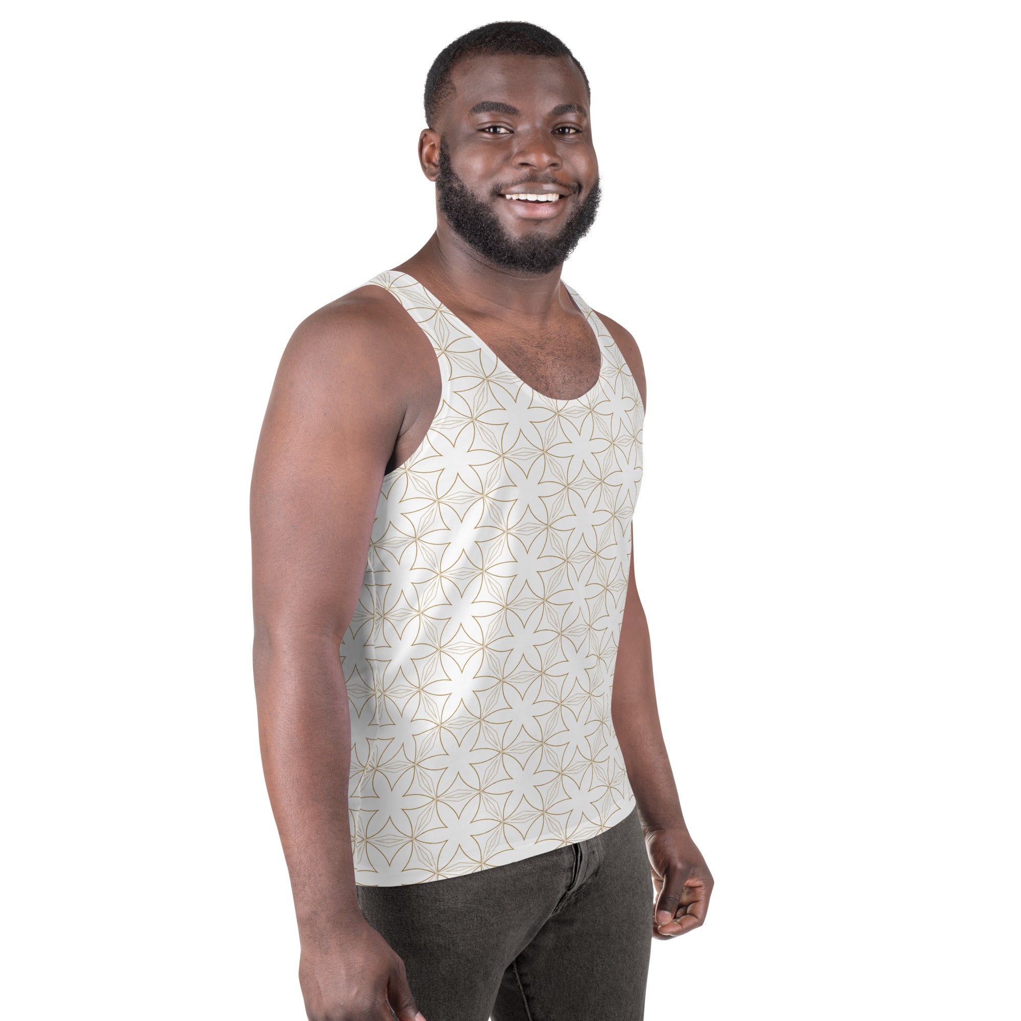 Men's tank top with geometric pattern displayed on model.