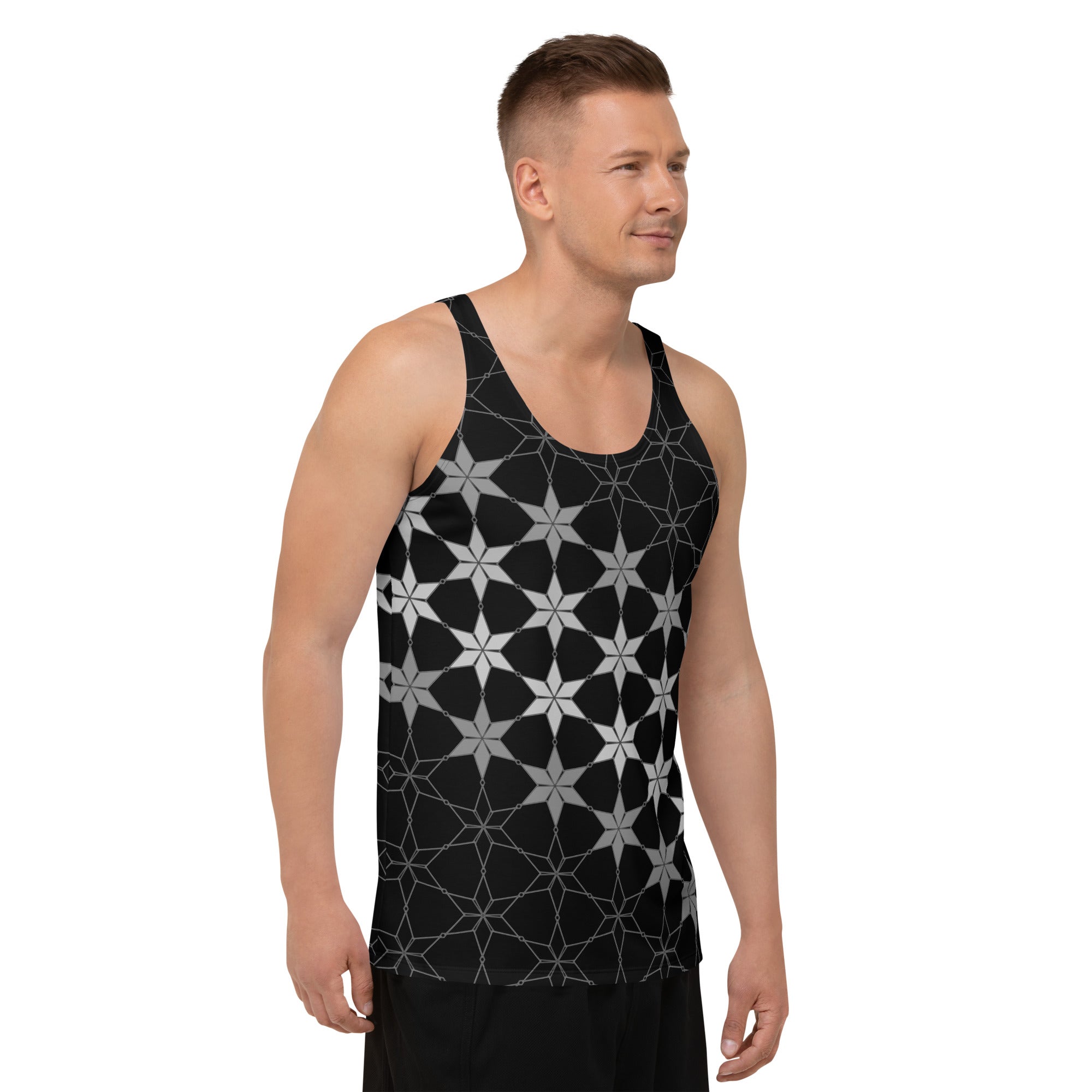 Men's Tank Top with colorful mandala print on display