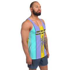 Side view of Meditative Lines Men's Tank Top in action.
