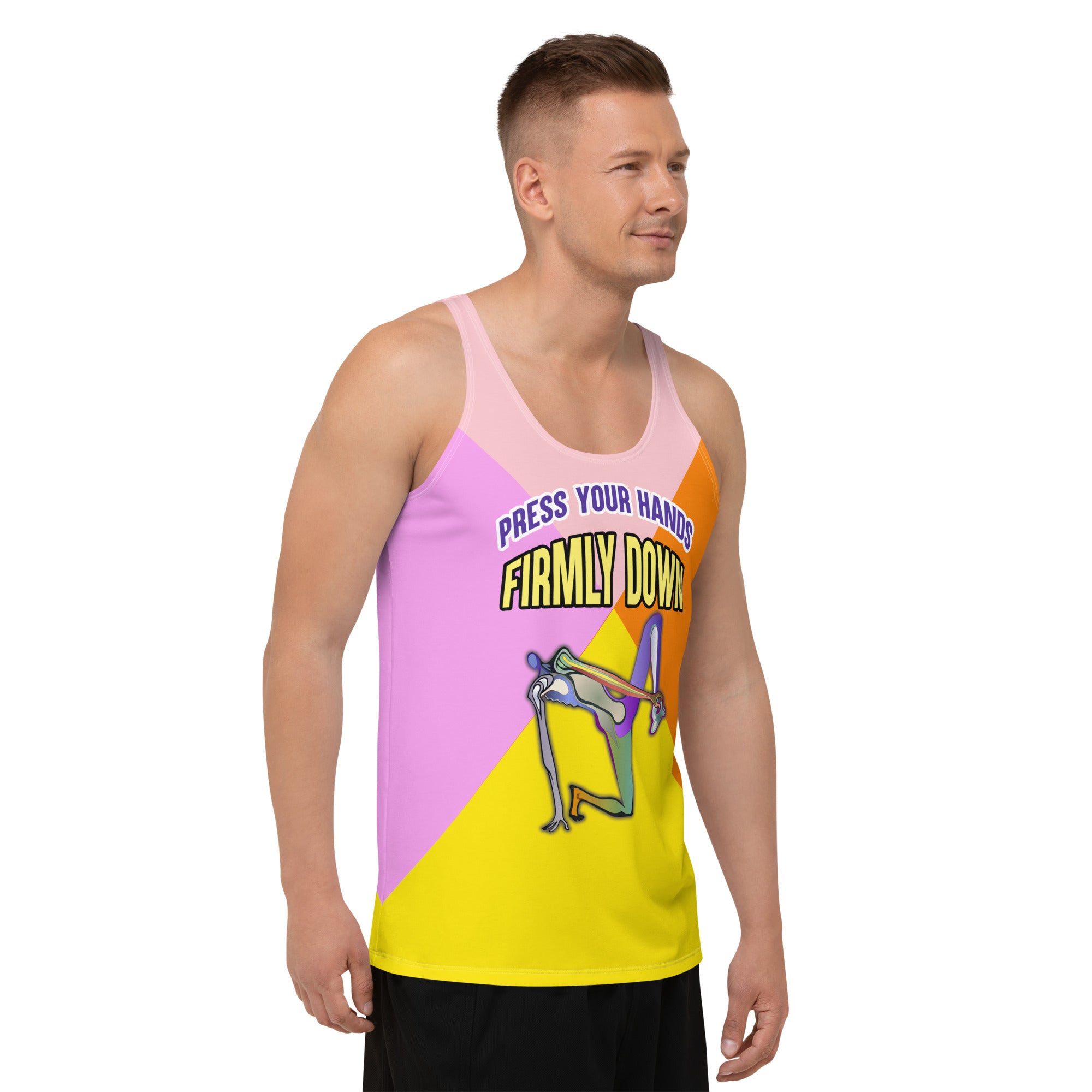 Stylish men's tank top for yoga and workouts.

