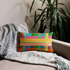 Close-up of the Electric Rainbow Burst Premium Accent Pillow, highlighting its colorful and dynamic rainbow pattern.