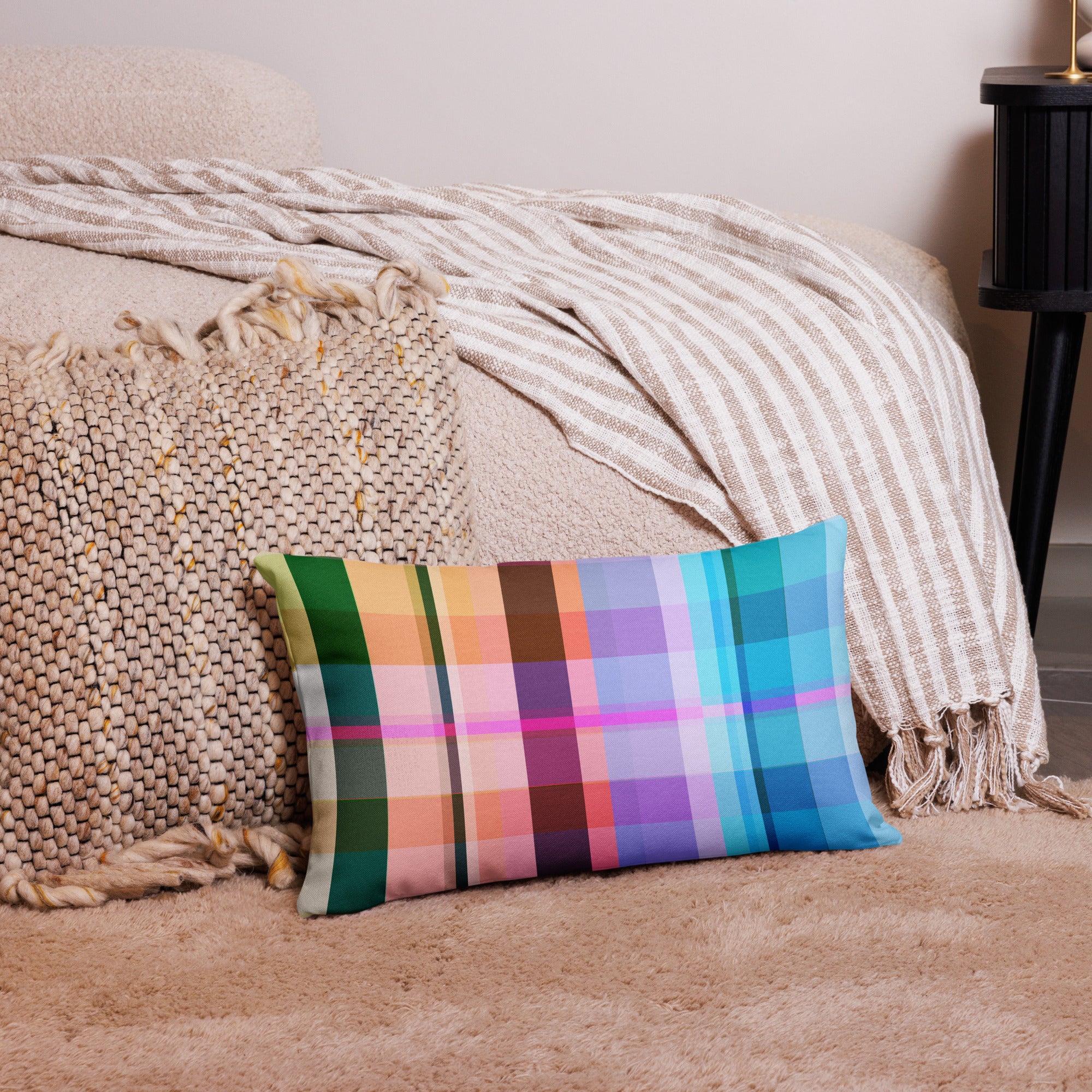 Close-up of the Retro Rainbow Blast Premium Accent Pillow, highlighting its vibrant rainbow blast pattern and premium fabric.