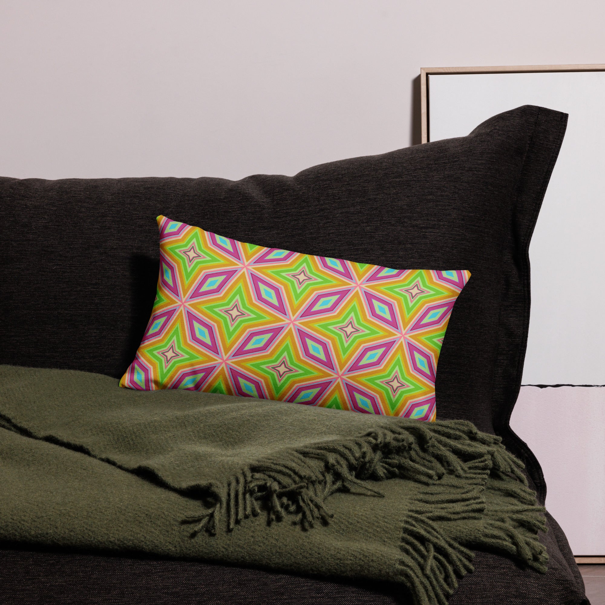 Colorful Artistic Brushstrokes Premium Pillow in Living Room Setting