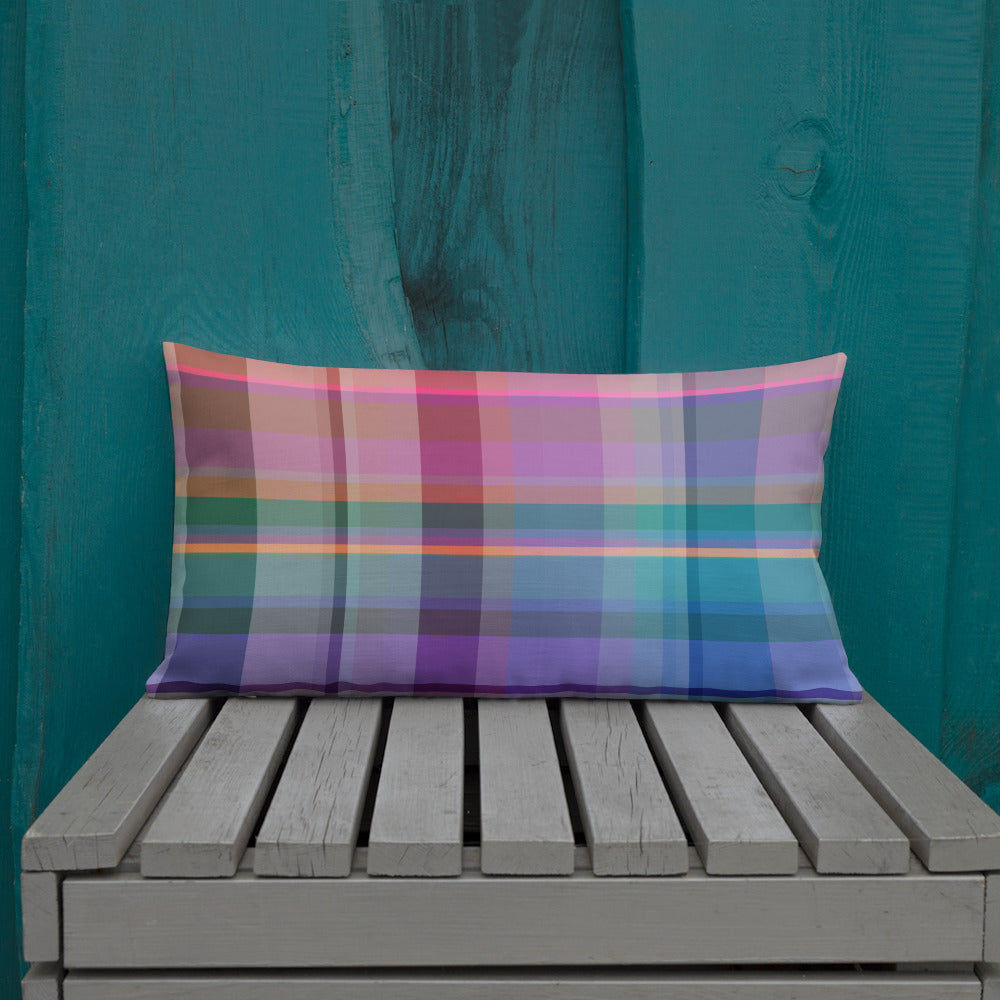 Psychedelic Spectrum Pillow on modern armchair.