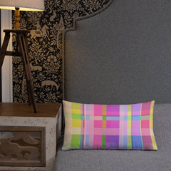 Stylish Rainbow Boxed Delight Accent Pillow on an armchair.