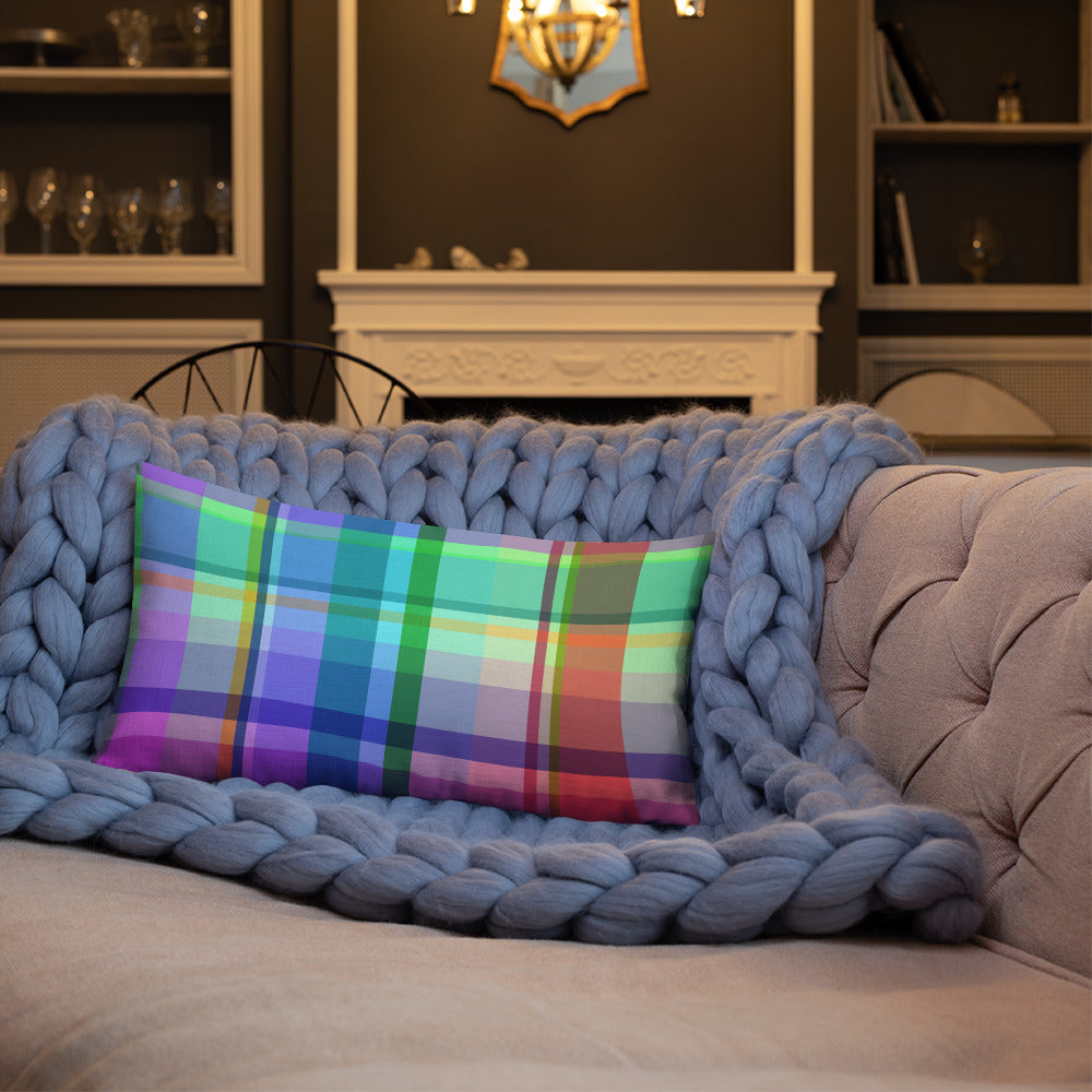 Overhead view of the Galactic Spectrum Premium Accent Pillow, revealing its intricate design patterns.