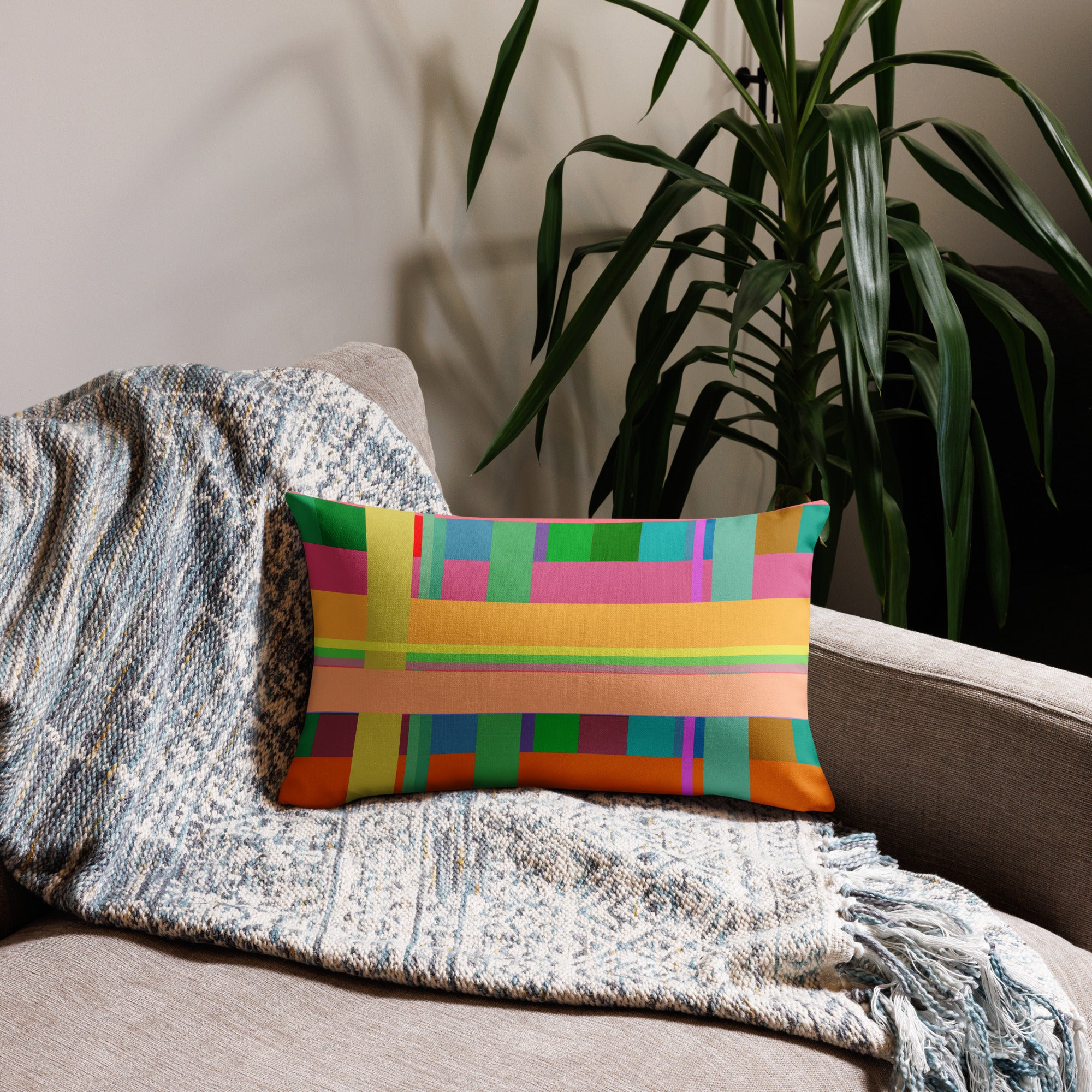 Electric Rainbow Burst Premium Accent Pillow showcased on a neutral-colored sofa, creating a striking contrast with its vibrant rainbow design.