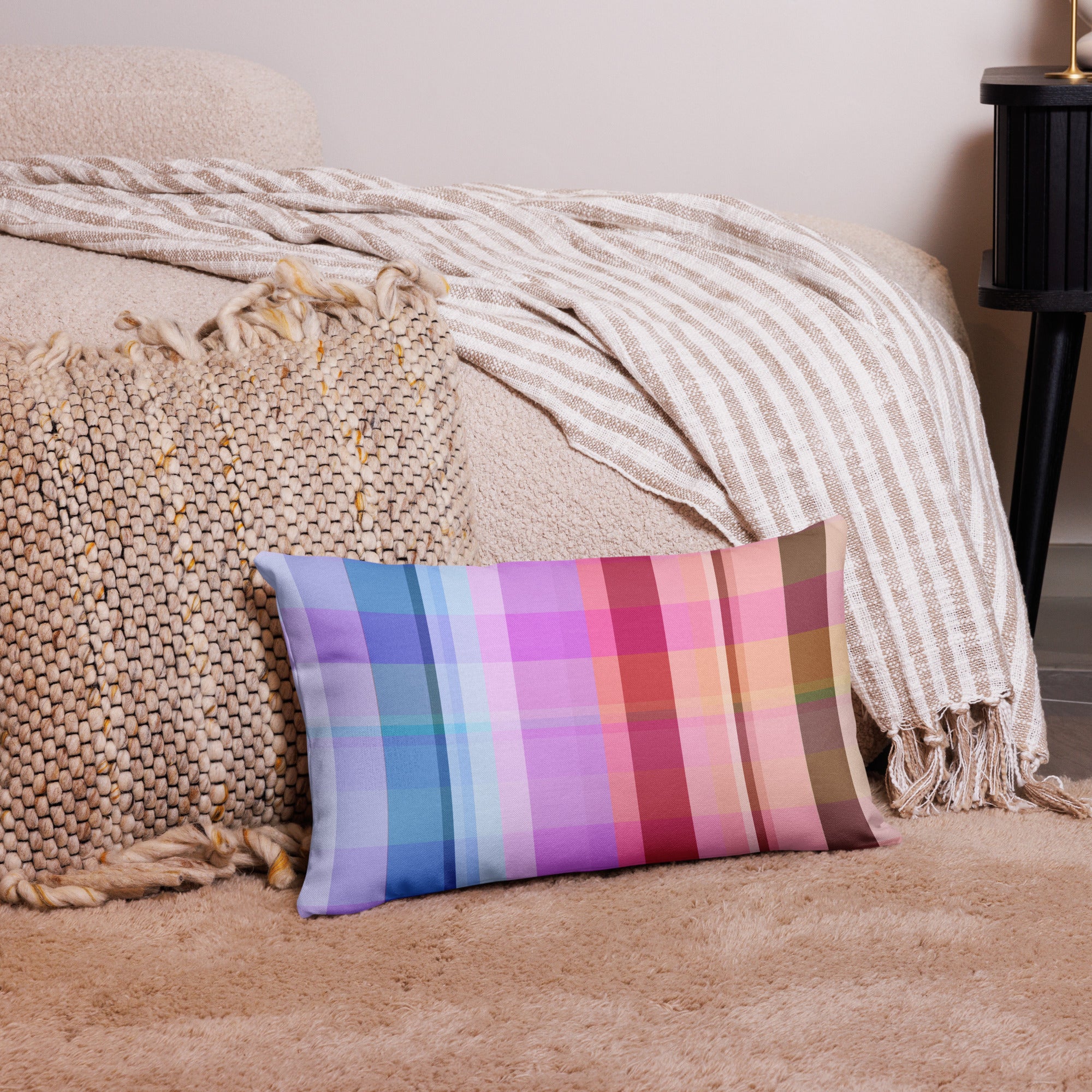 Fiesta Fiesta Premium Accent Pillow displayed on a neutral-colored couch, adding a pop of vibrant color to the living room.