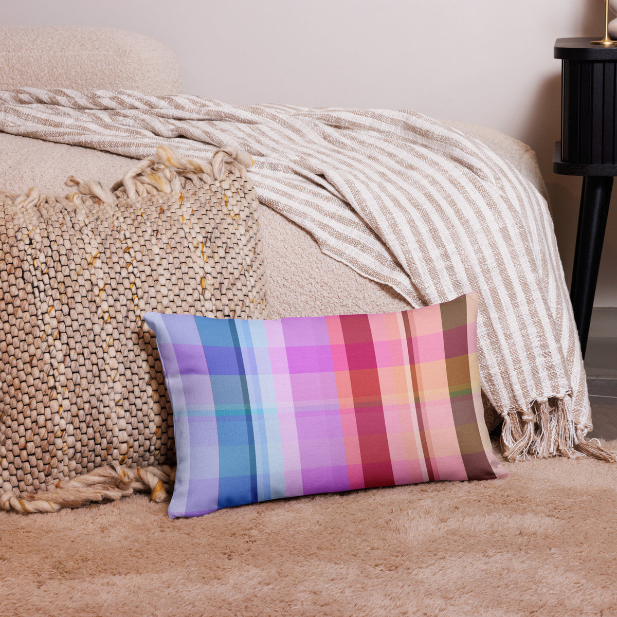 Fiesta Fiesta Premium Accent Pillow displayed on a neutral-colored couch, adding a pop of vibrant color to the living room.