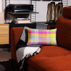 Neon Dreams Premium Accent Pillow displayed on a modern sofa, enhancing the living room decor.