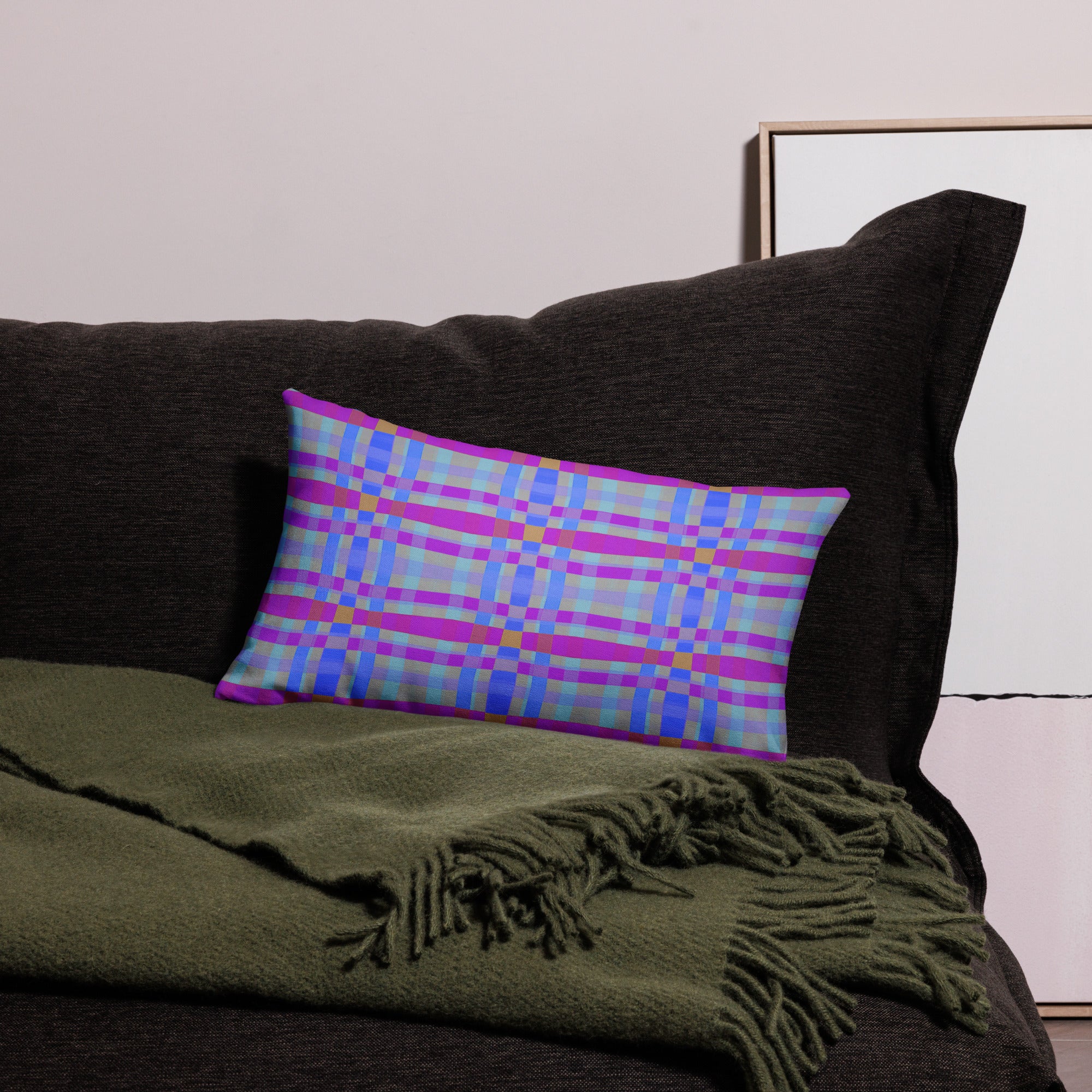 Nature's Harmony Box Stripe premium accent pillow on a cozy living room sofa.